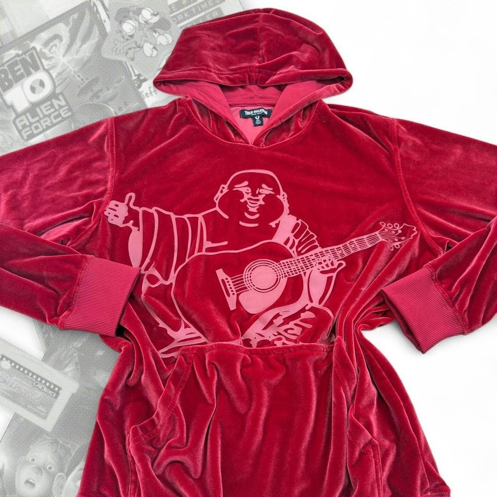 True Religion Red Graphic Soft Juicy Couture type velour Pullover Hoodie